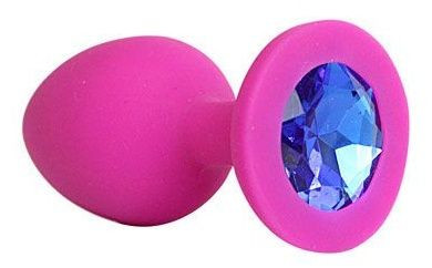 Ярко-розовая анальная пробка с синим кристаллом - 9,5 см.